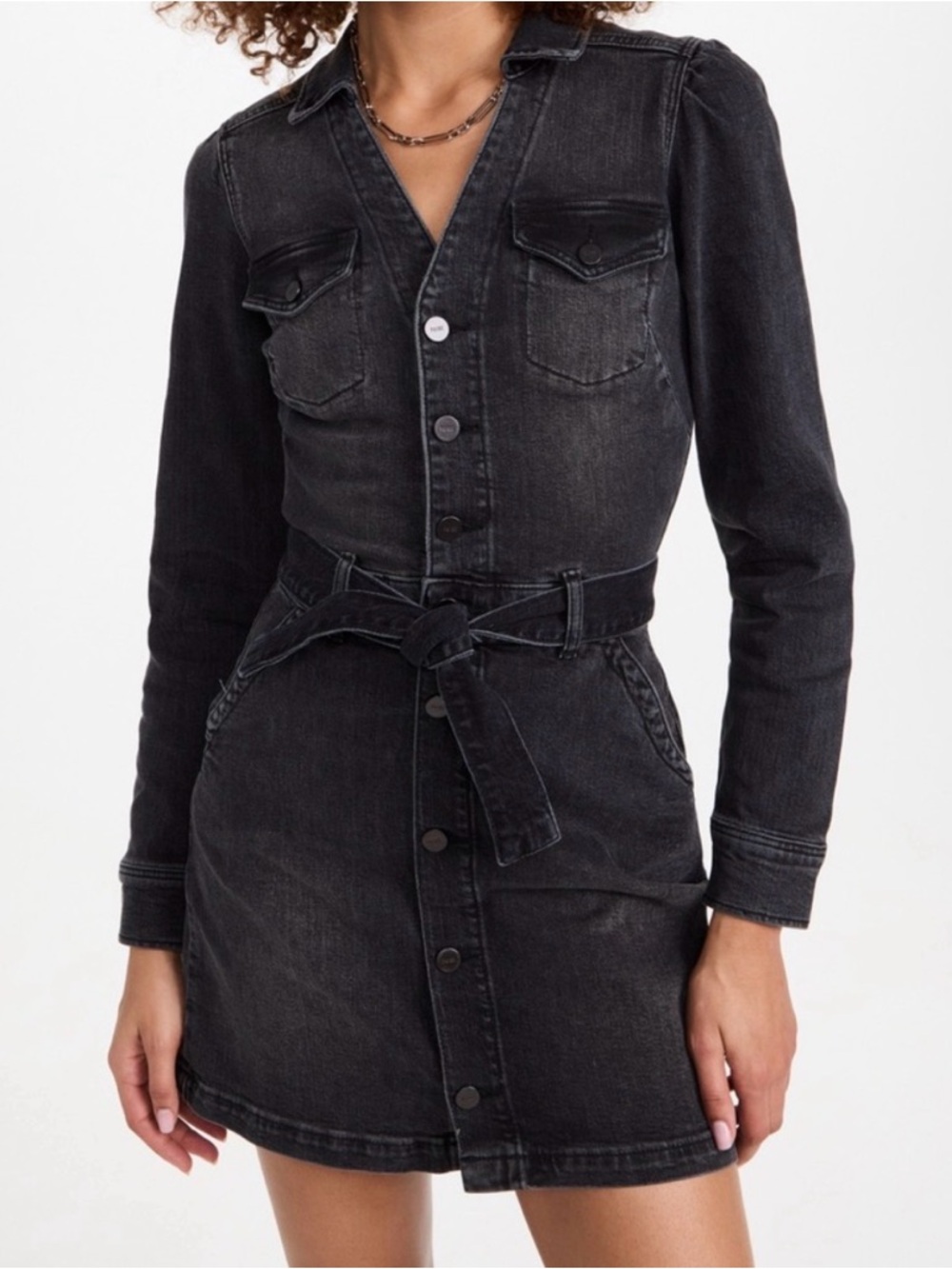 Paige Mayslie Women’s Black Washed Denim Button-Front Shirt Dress with Tie Belt